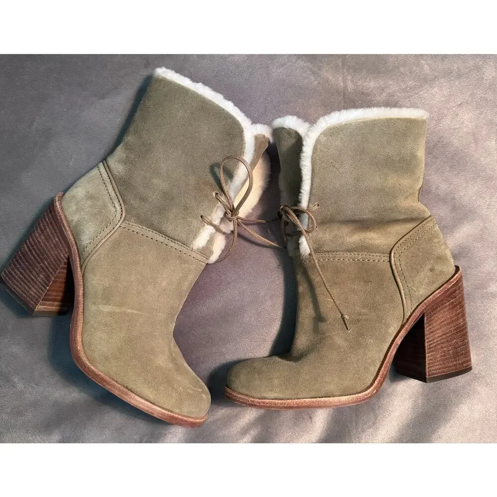 Ugg Jerene Sage Green Suede Antilope Wool Lace Up Heel Boots 7 Women